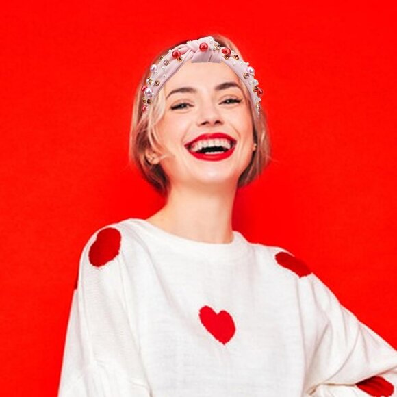 Light Pink Pearl Rhinestone Knotted Headband for Women Valentine’s Day Gift - Picture 6 of 8